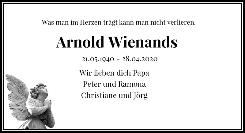  Traueranzeige für Arnold Wienands vom 21.05.2020 aus Rheinische Post