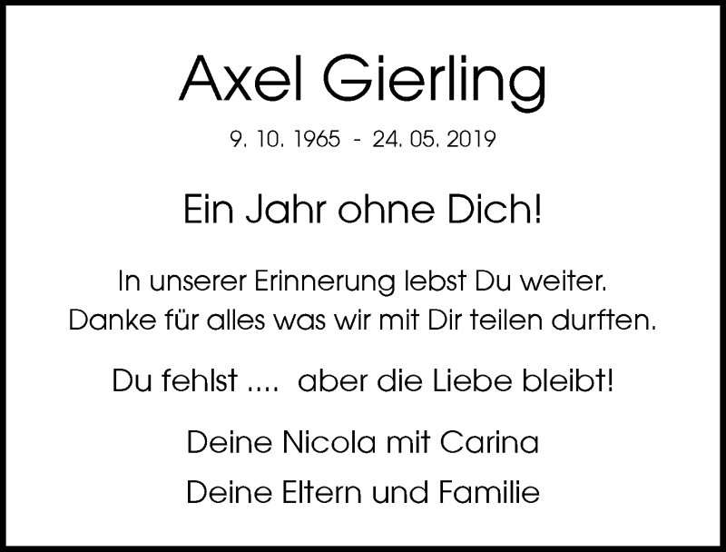  Traueranzeige für Axel Gierling vom 23.05.2020 aus Rheinische Post