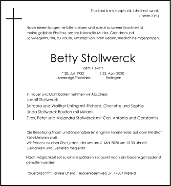 Traueranzeige von Betty Stollwerck von Rheinische Post