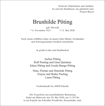 Traueranzeige von Brunhilde Pöting von Rheinische Post