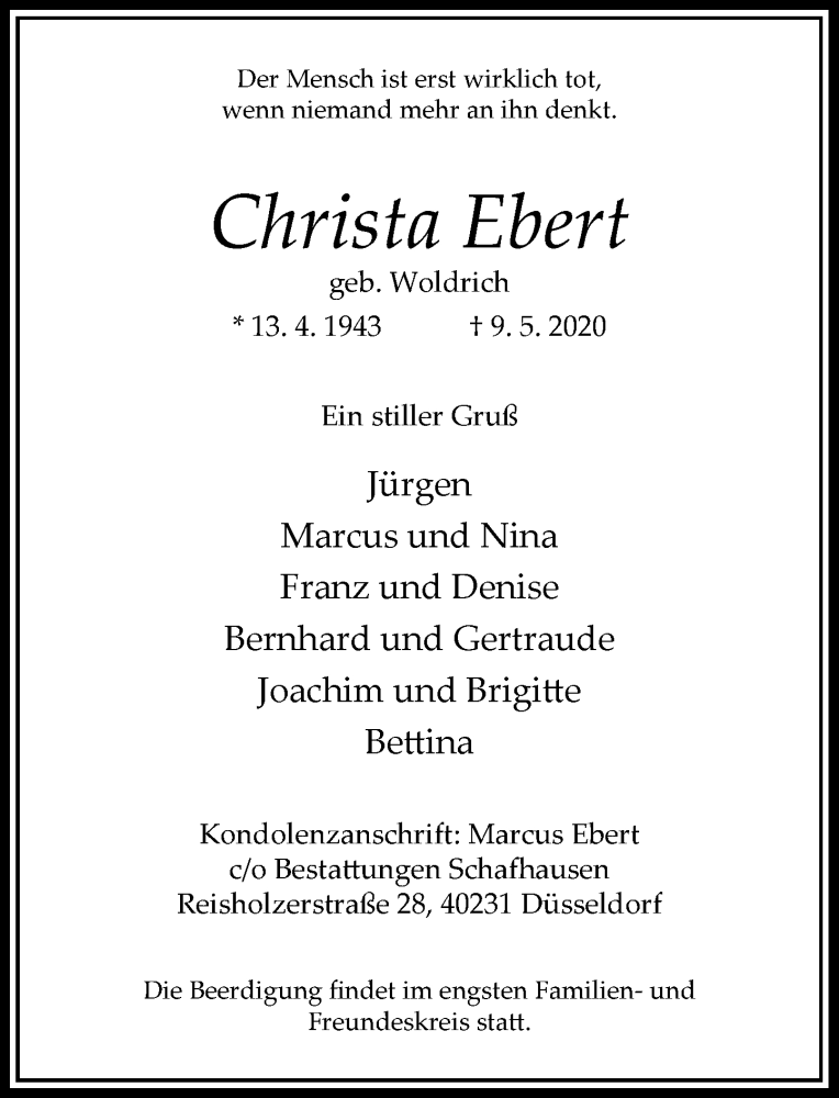  Traueranzeige für Christa Ebert vom 16.05.2020 aus Rheinische Post