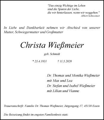 Traueranzeige von Christa Wießmeier von Rheinische Post