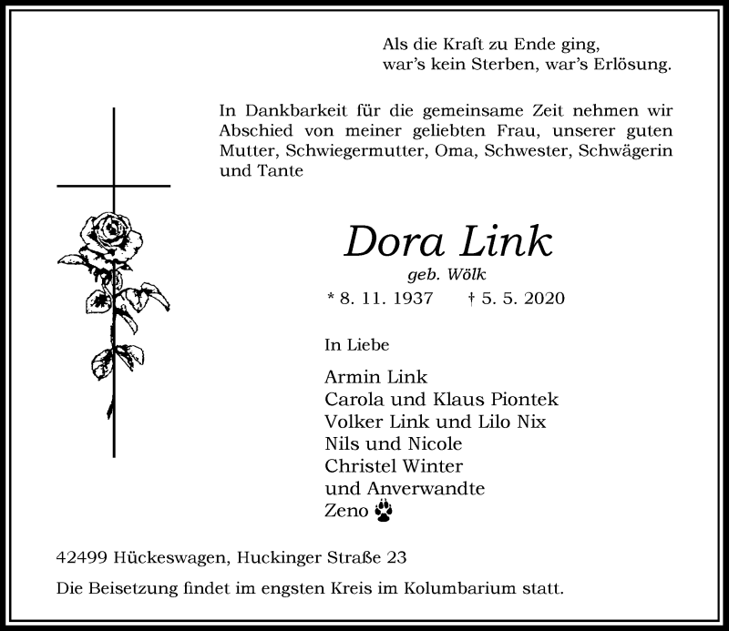  Traueranzeige für Dora Link vom 09.05.2020 aus Rheinische Post