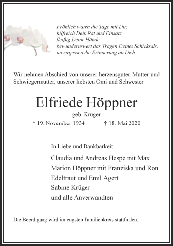Traueranzeige von Elfriede Höppner von Rheinische Post