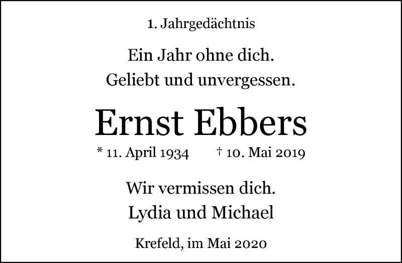  Traueranzeige für Ernst Ebbers vom 11.05.2020 aus Rheinische Post