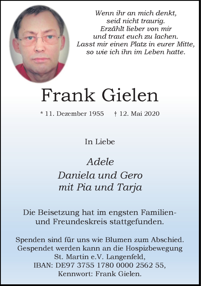  Traueranzeige für Frank Gielen vom 30.05.2020 aus Rheinische Post