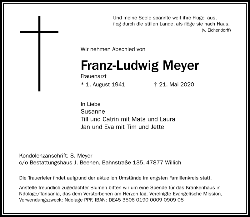  Traueranzeige für Franz-Ludwig Meyer vom 30.05.2020 aus Rheinische Post