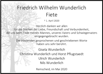 Traueranzeige von Friedrich Wilhelm Wunderlich von Rheinische Post