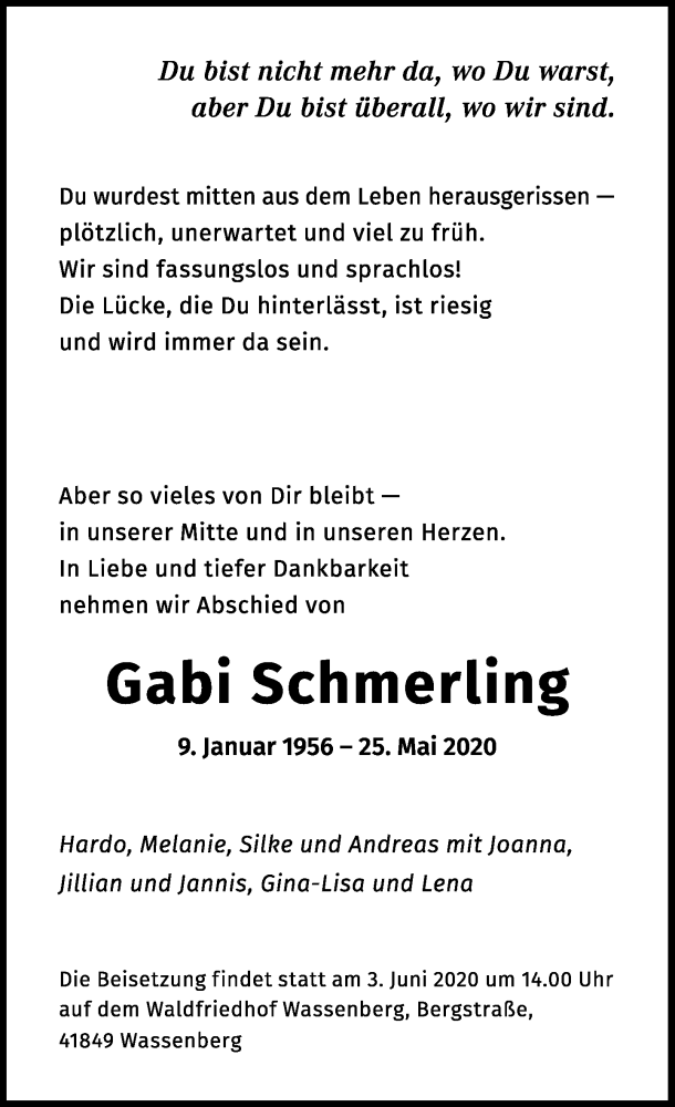  Traueranzeige für Gabi Schmerling vom 30.05.2020 aus Rheinische Post
