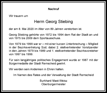 Traueranzeige von Georg Stiebing von Rheinische Post