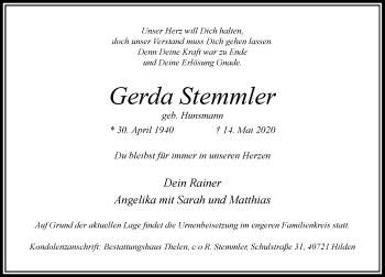 Traueranzeige von Gerda Stemmler von Rheinische Post