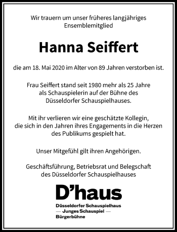Traueranzeige von Hanna Seiffert von Rheinische Post