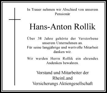Traueranzeige von Hans-Anton Rollik von Rheinische Post