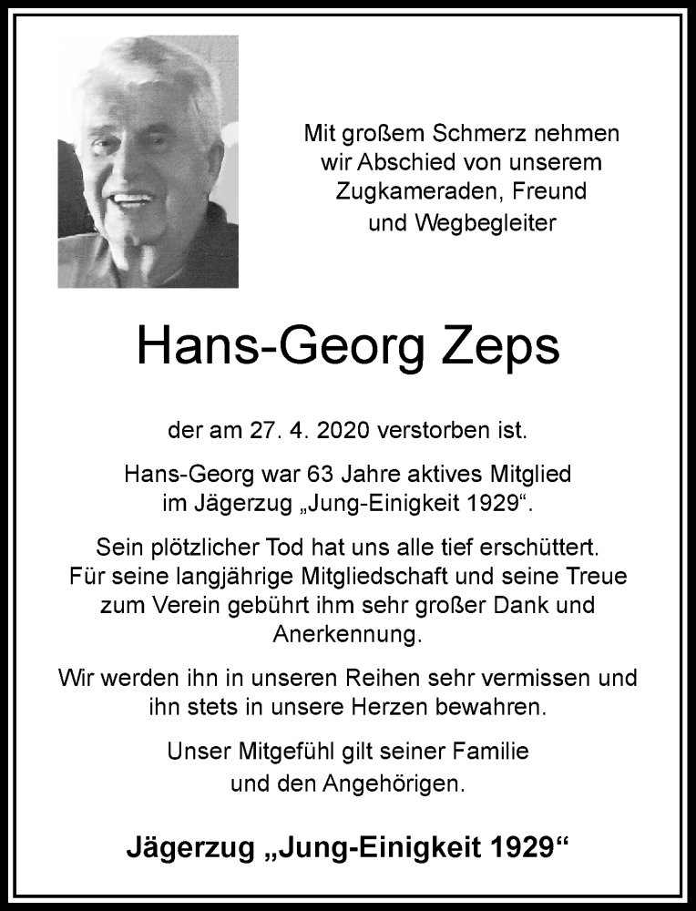  Traueranzeige für Hans-Georg Zeps vom 09.05.2020 aus Rheinische Post