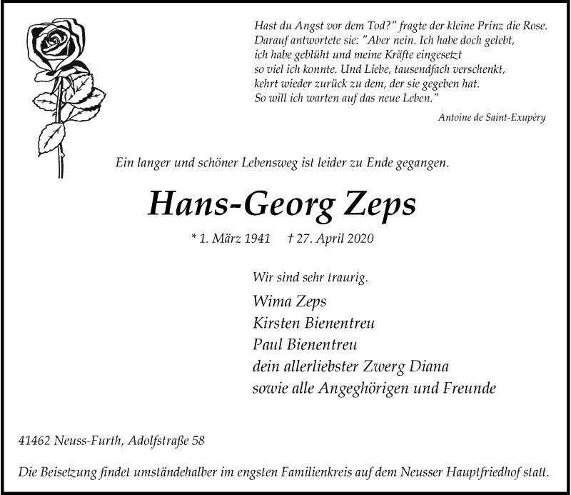  Traueranzeige für Hans-Georg Zeps vom 02.05.2020 aus Rheinische Post