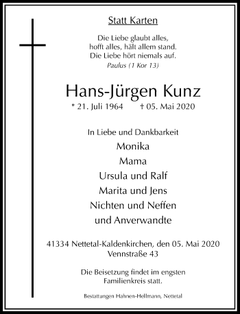 Traueranzeige von Hans-Jürgen Kunz von Rheinische Post