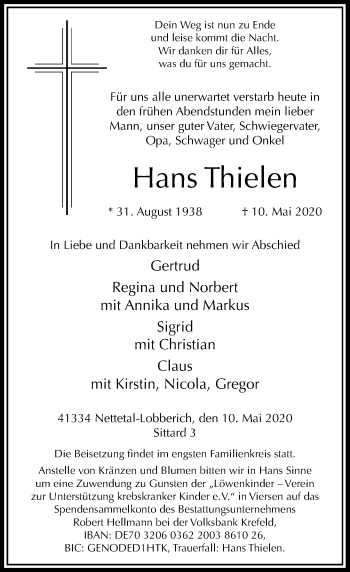 Traueranzeige von Hans Thielen von Rheinische Post