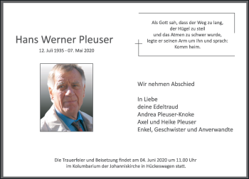 Traueranzeige von Hans Werner Pleuser von Rheinische Post