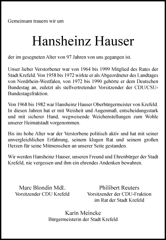  Traueranzeige für Hansheinz Hauser vom 16.05.2020 aus Rheinische Post