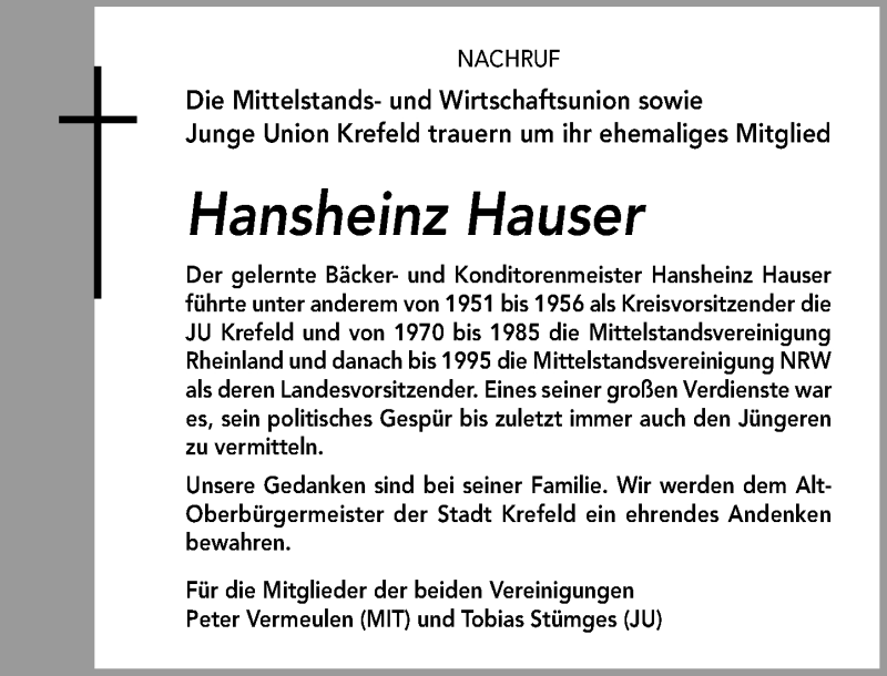  Traueranzeige für Hansheinz Hauser vom 16.05.2020 aus Rheinische Post