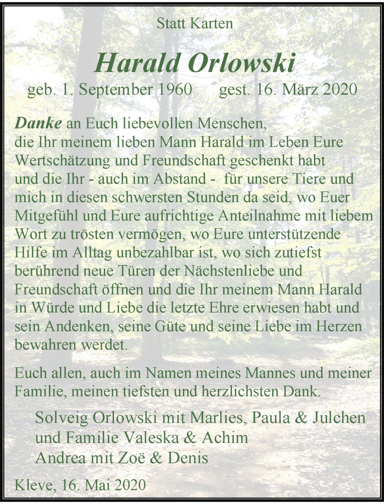  Traueranzeige für Harald Orlowski vom 16.05.2020 aus Rheinische Post
