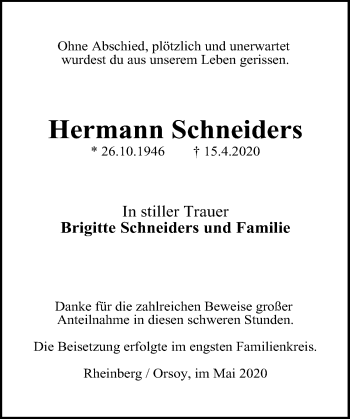 Traueranzeige von Hermann Schneiders von Rheinische Post