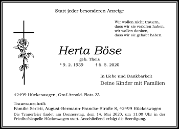 Traueranzeige von Herta Böse von Rheinische Post
