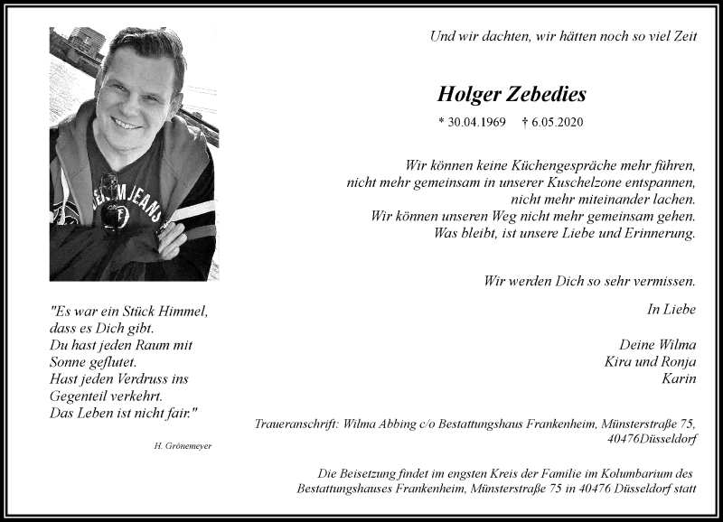  Traueranzeige für Holger Zebedies vom 23.05.2020 aus Rheinische Post
