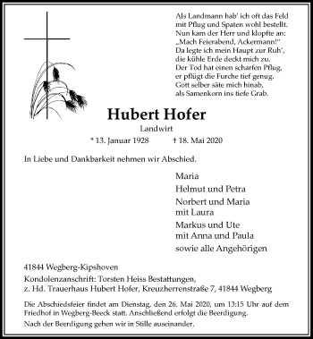 Traueranzeige von Hubert Hofer von Rheinische Post