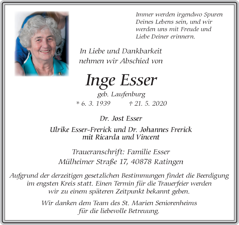 Alle Traueranzeigen für Inge Esser | trauer.rp-online.de
