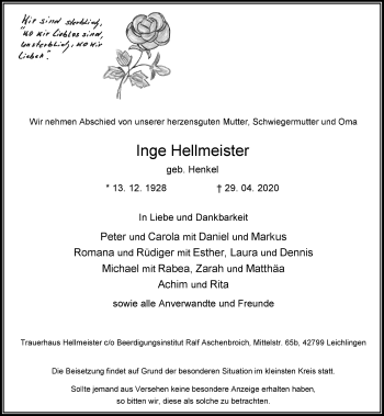 Traueranzeige von Inge Hellmeister von Rheinische Post