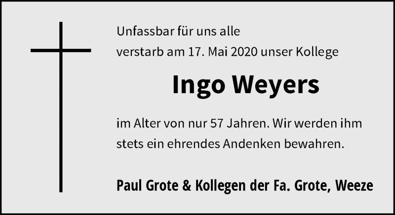  Traueranzeige für Ingo Weyers vom 21.05.2020 aus Rheinische Post