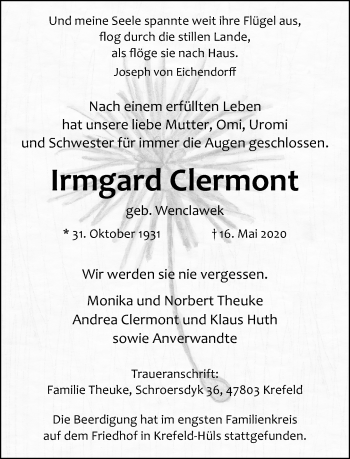 Traueranzeige von Irmgard Clermont von Rheinische Post