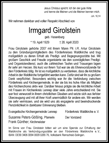 Traueranzeige von Irmgard Girolstein von Rheinische Post