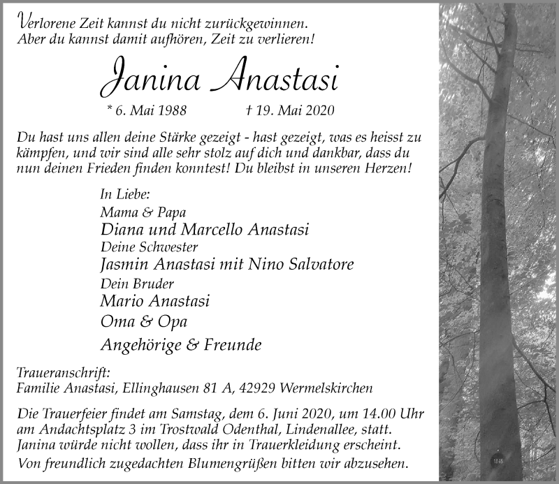  Traueranzeige für Janina Anastasi vom 30.05.2020 aus Rheinische Post