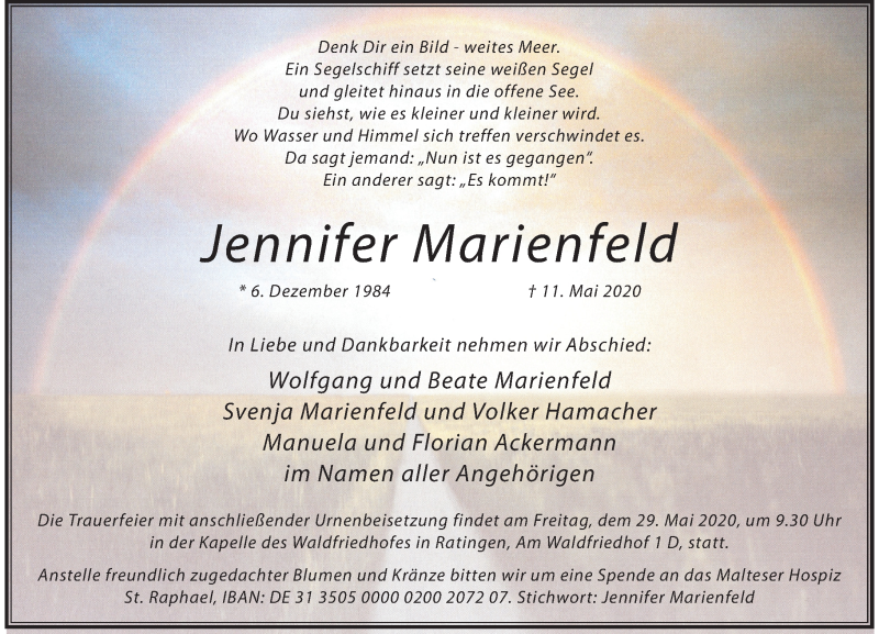  Traueranzeige für Jennifer Marienfeld vom 23.05.2020 aus Rheinische Post