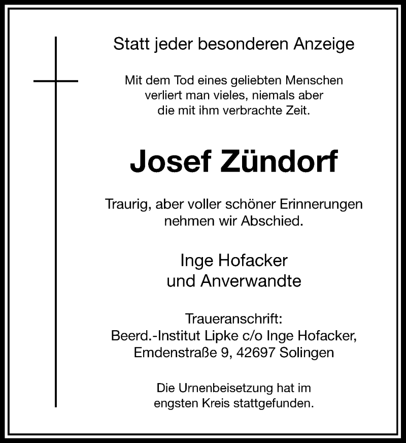  Traueranzeige für Josef Zündorf vom 06.05.2020 aus Rheinische Post