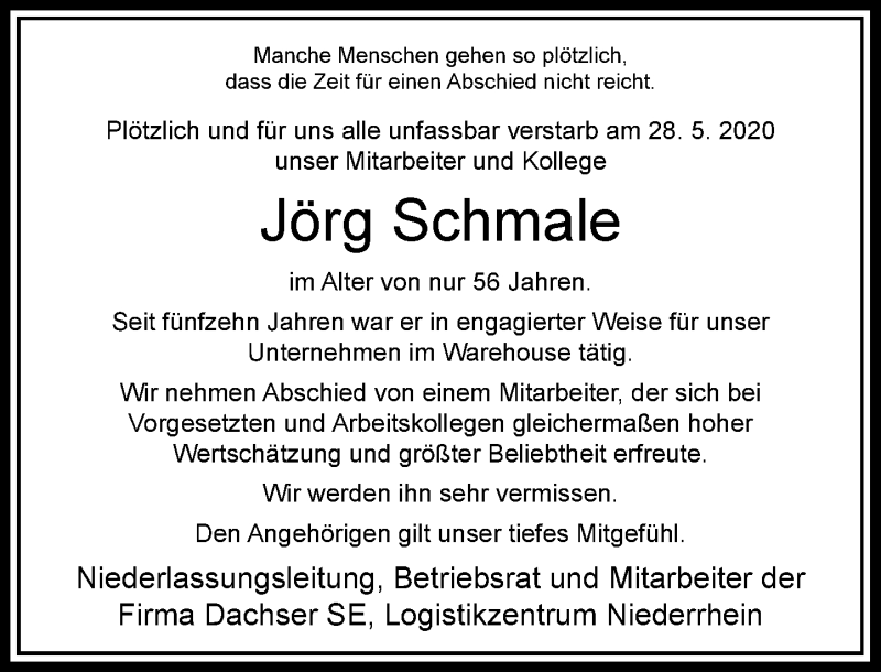  Traueranzeige für Jörg Schmale vom 30.05.2020 aus Rheinische Post