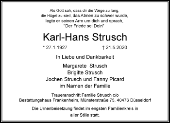 Traueranzeige von Karl-Hans Strusch von Rheinische Post