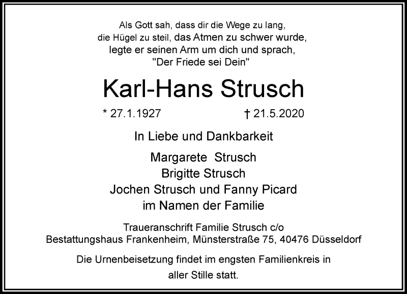  Traueranzeige für Karl-Hans Strusch vom 30.05.2020 aus Rheinische Post