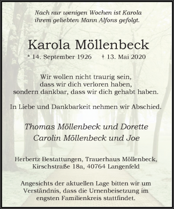 Traueranzeige von Karola Möllenbeck von Rheinische Post