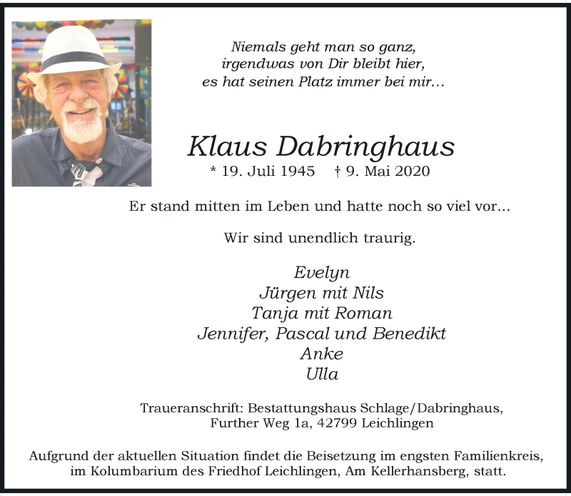  Traueranzeige für Klaus Dabringhaus vom 16.05.2020 aus Rheinische Post
