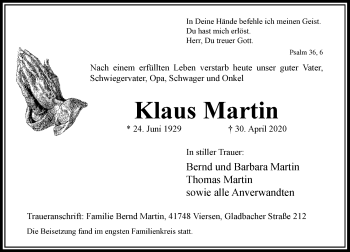 Traueranzeige von Klaus Martin von Rheinische Post