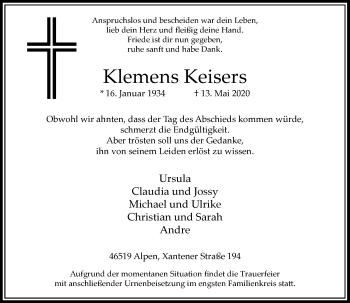Traueranzeige von Klemens Keisers von Rheinische Post