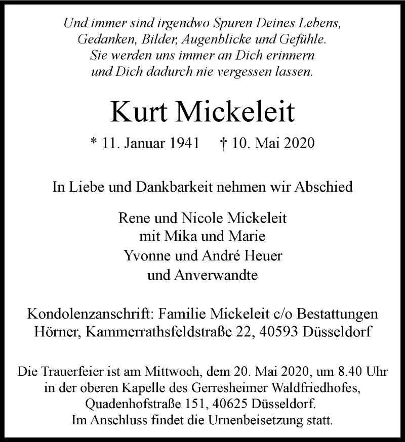  Traueranzeige für Kurt Mickeleit vom 16.05.2020 aus Rheinische Post