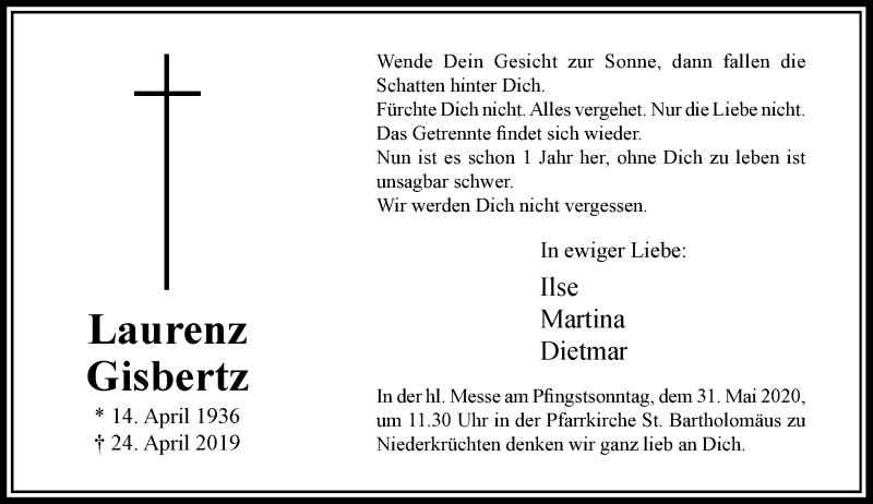  Traueranzeige für Laurenz Gisbertz vom 30.05.2020 aus Rheinische Post