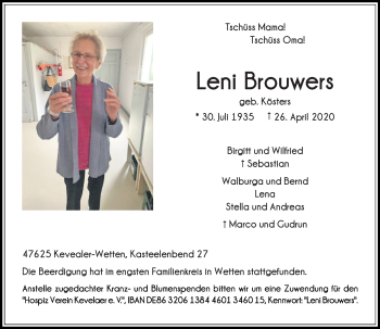 Traueranzeige von Leni Brouwers von Rheinische Post
