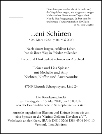 Traueranzeige von Leni Schüren von Rheinische Post