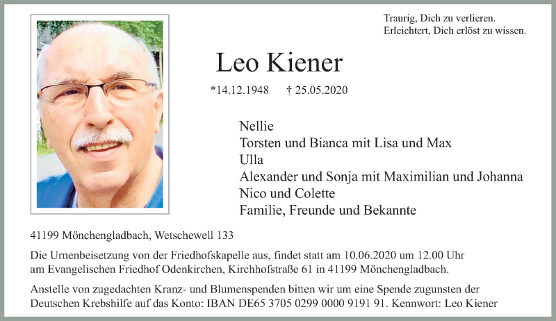  Traueranzeige für Leo Kiener vom 30.05.2020 aus Rheinische Post