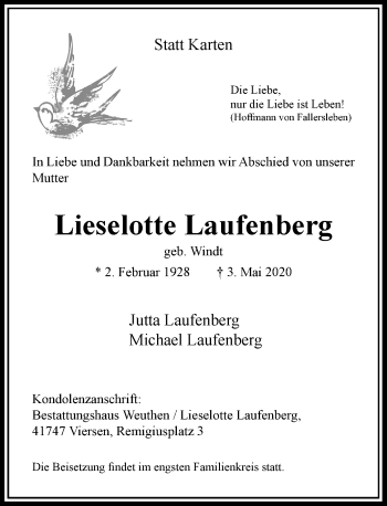 Traueranzeige von Lieselotte Laufenberg von Rheinische Post